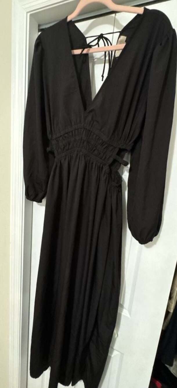 Indulge Black Long Sleeve Cutout Maxi Dress with Ruched Waist